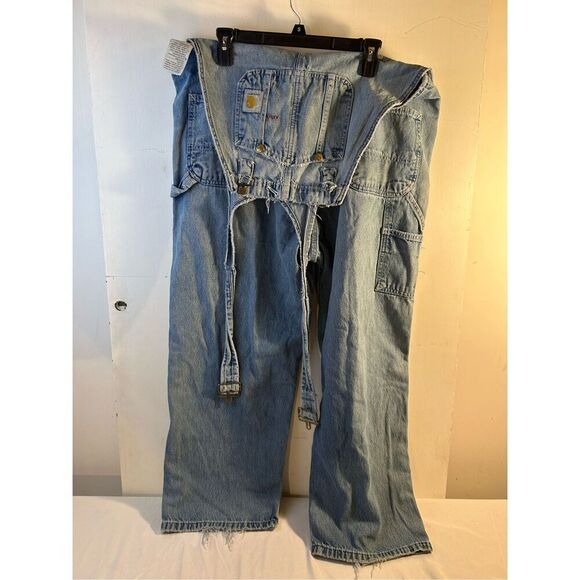 Carhartt 38x28 blue jean denim overalls USA thrashed (missing buckle) rn#14806 - Picture 12 of 14